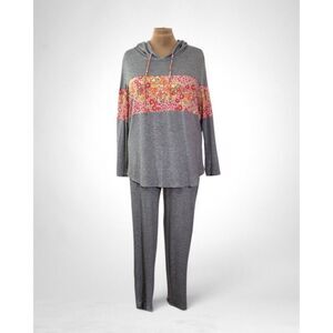 Story Teller Women's Grey and Floral Hoodie and Pants Set, Size 2X